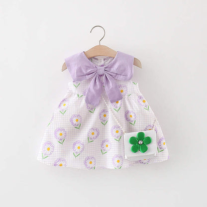 bow colour casual frock with purse Orange Dresses for kids