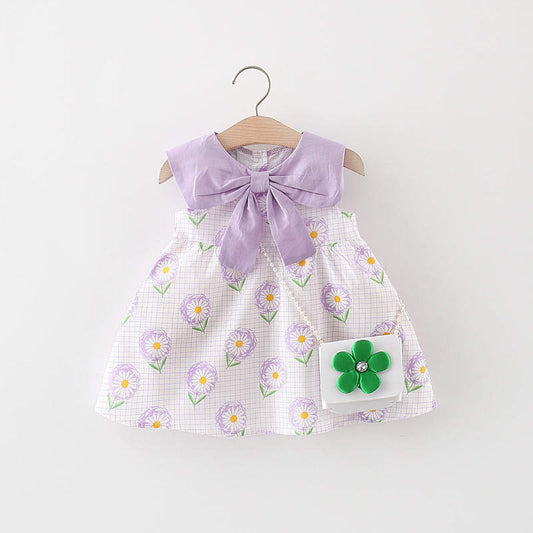 bow colour casual frock with purse Orange Dresses for kids
