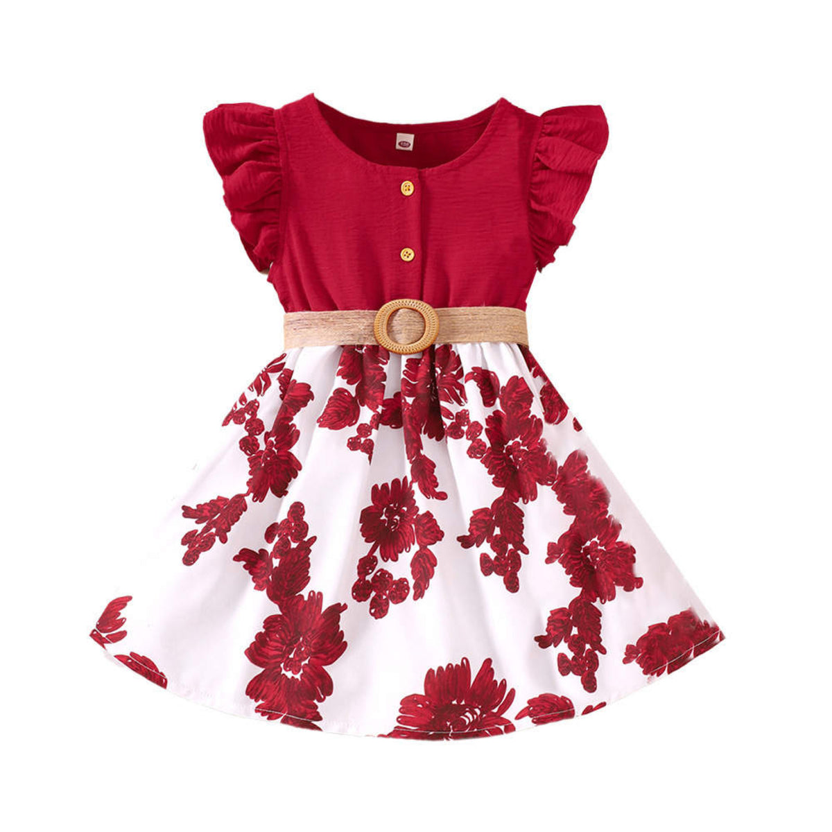 Baby Girl Sleeves Ruffle Round Neck Flower Patchwork Dress – Red