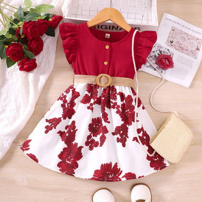 Baby Girl Sleeves Ruffle Round Neck Flower Patchwork Dress – Red