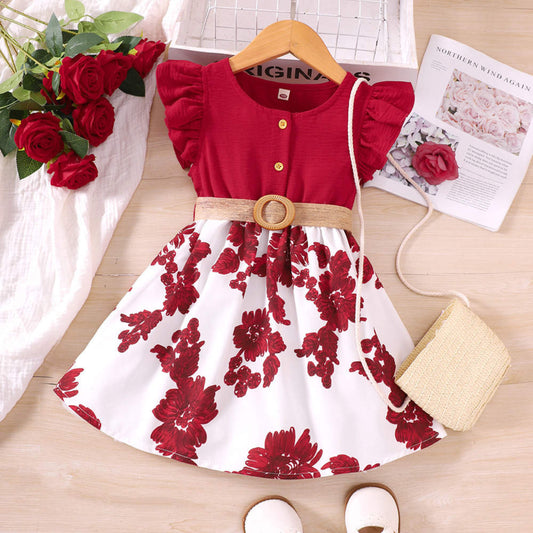Baby Girl Sleeves Ruffle Round Neck Flower Patchwork Dress – Red