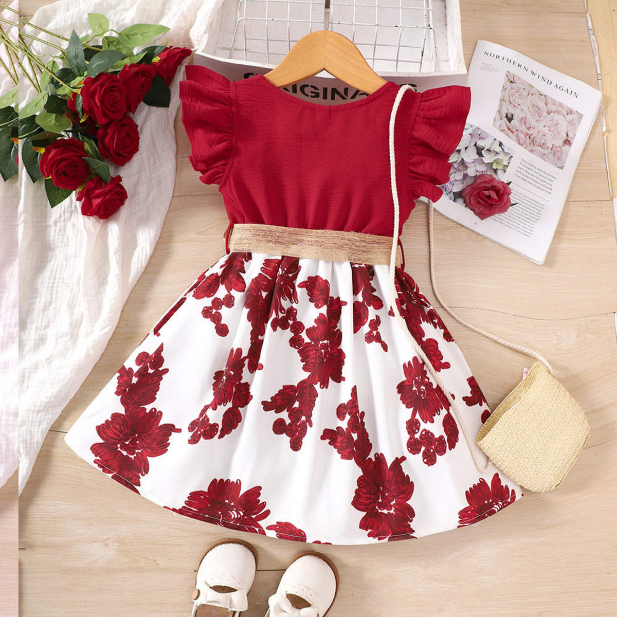 Baby Girl Sleeves Ruffle Round Neck Flower Patchwork Dress – Red