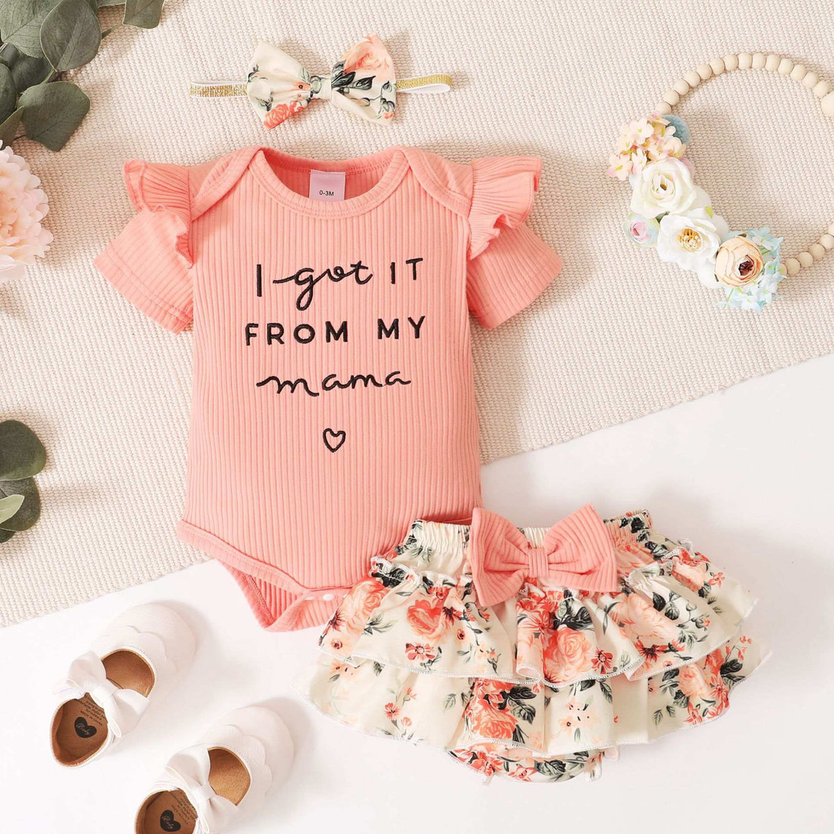 Baby Girl Letter Printed Top Skirt And Headband Set – Pink