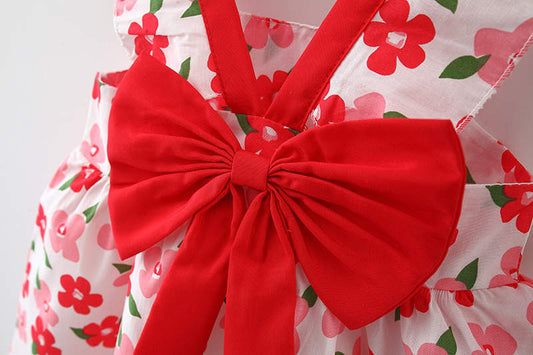 bowknot flower printed casual frock with matching hat Red Dresses for kids