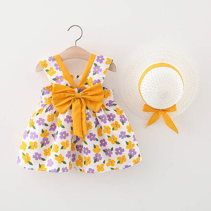 bowknot flower printed casual frock with matching hat Yellow Dresses for kids