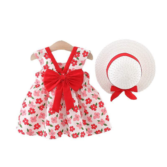 Girls' Floral Bow-Knot Dress with Matching Hat – Red