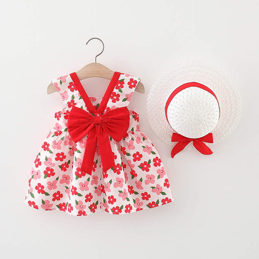 Girls' Floral Bow-Knot Dress with Matching Hat – Red