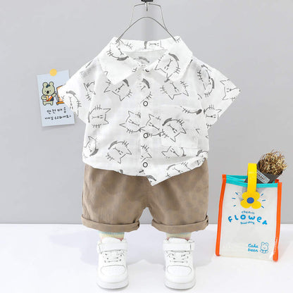Toddler boy cat printed shirt and shorts set White for kids