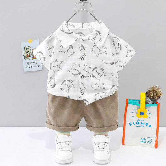 Toddler boy cat printed shirt and shorts set White for kids