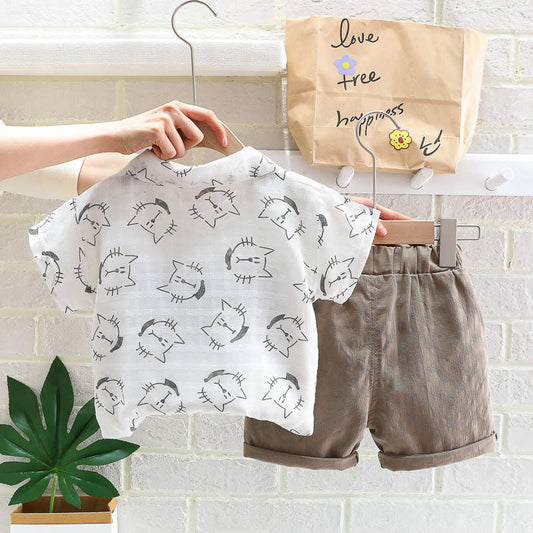 Toddler boy cat printed shirt and shorts set White for kids
