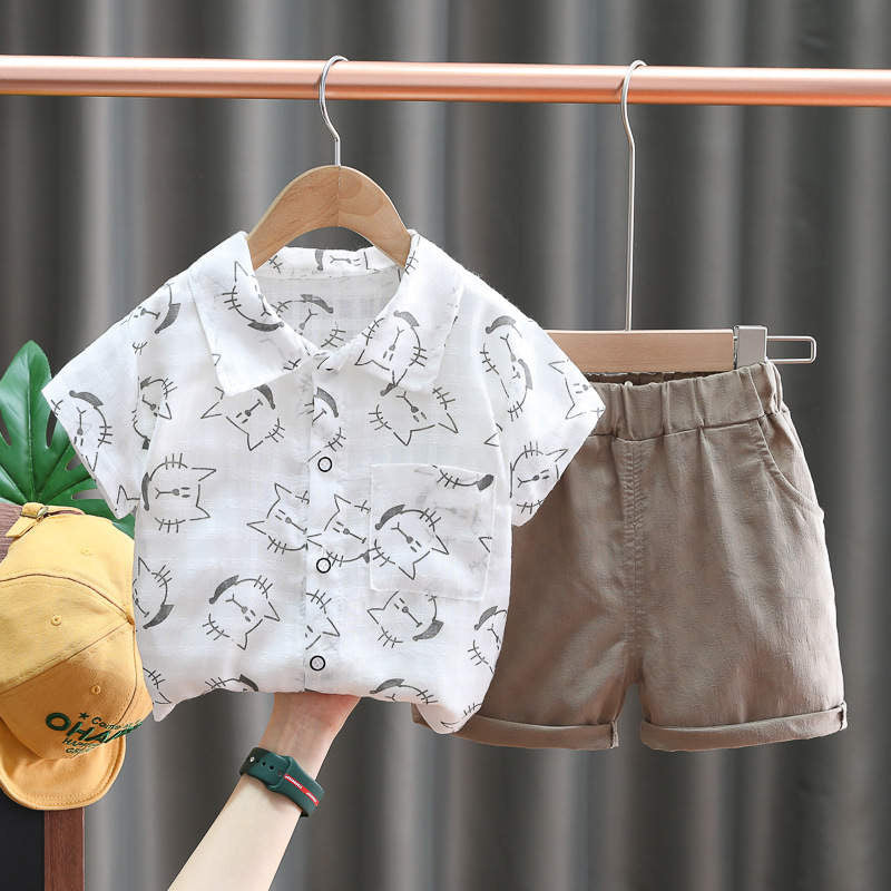 Toddler boy cat printed shirt and shorts set White for kids