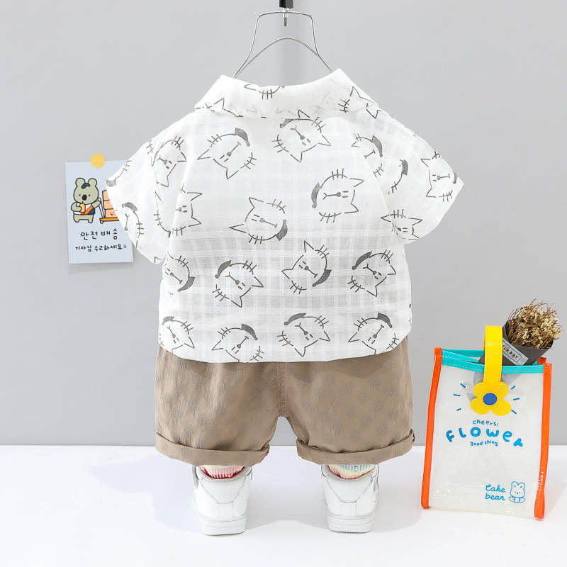Toddler boy cat printed shirt and shorts set White for kids