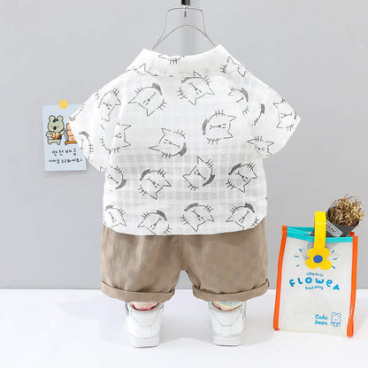Toddler boy cat printed shirt and shorts set White for kids
