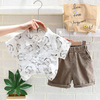 Toddler boy cat printed shirt and shorts set White for kids