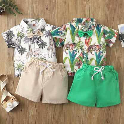 Boys' Bow-Tie Leaf-Print Shirt Set – White