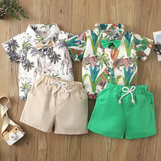 Boys' Bow-Tie Leaf-Print Shirt Set – White