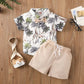 Toddler boy bow tie leaf printed shirt set White for kids