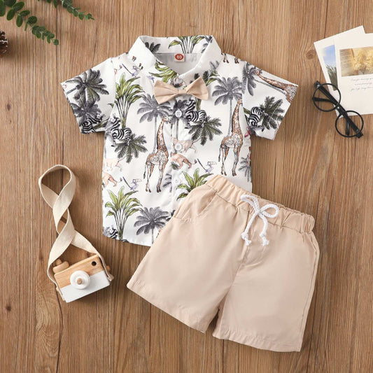 Boys' Bow-Tie Leaf-Print Shirt Set – White