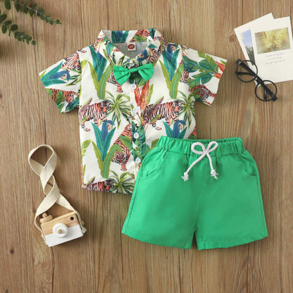 Toddler boy bow tie leaf printed shirt set Green for kids