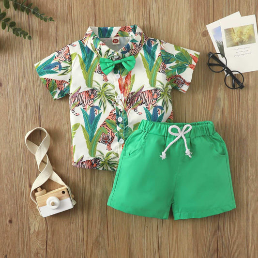 Toddler boy bow tie leaf printed shirt set Green for kids
