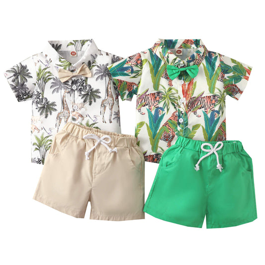 Toddler boy bow tie leaf printed shirt set White for kids