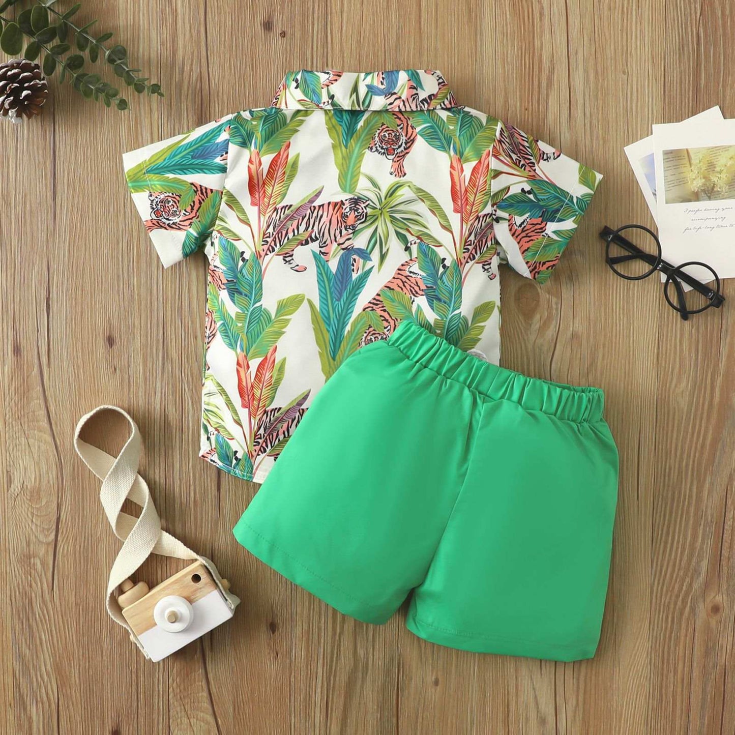 Toddler boy bow tie leaf printed shirt set Green for kids