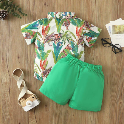 Toddler boy bow tie leaf printed shirt set Green for kids
