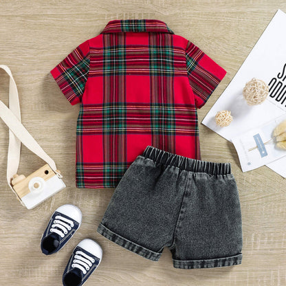 Baby Boy Checked Shirt And Rugged Denim Set – Red
