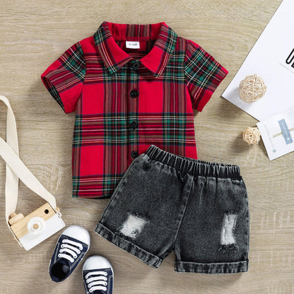 Baby Boy Checked Shirt And Rugged Denim Set – Red