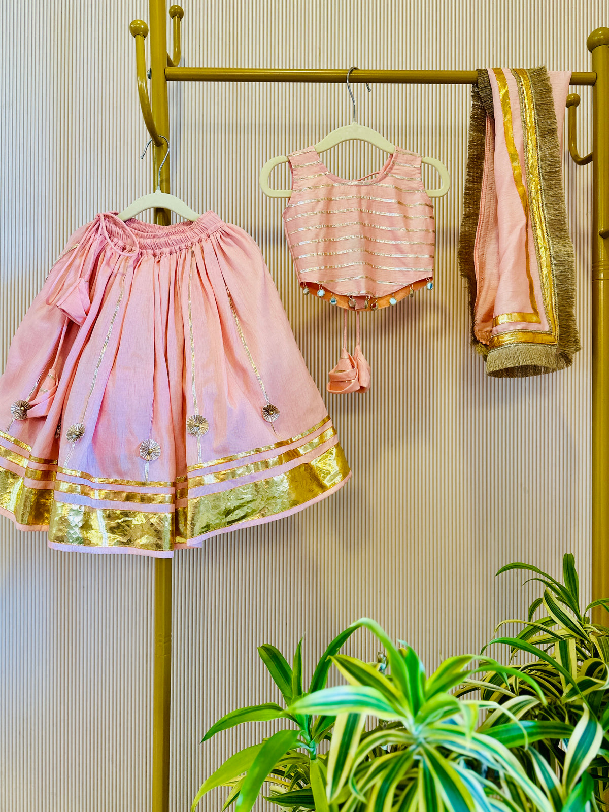Gulab Gota Mirror Lehenga Set for Girls - Pinkish Peach