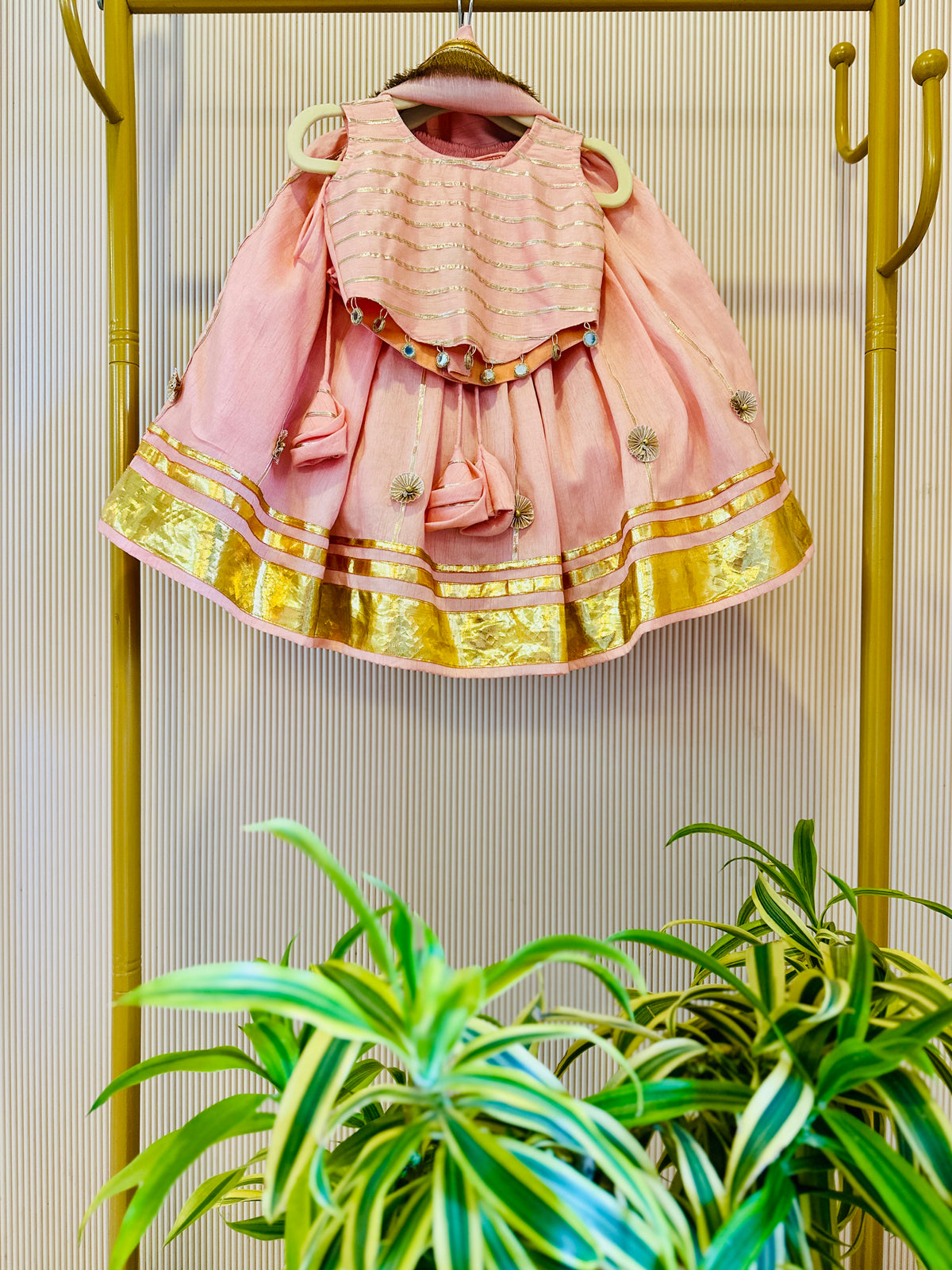 Gulab Gota Mirror Lehenga Set for Girls - Pinkish Peach