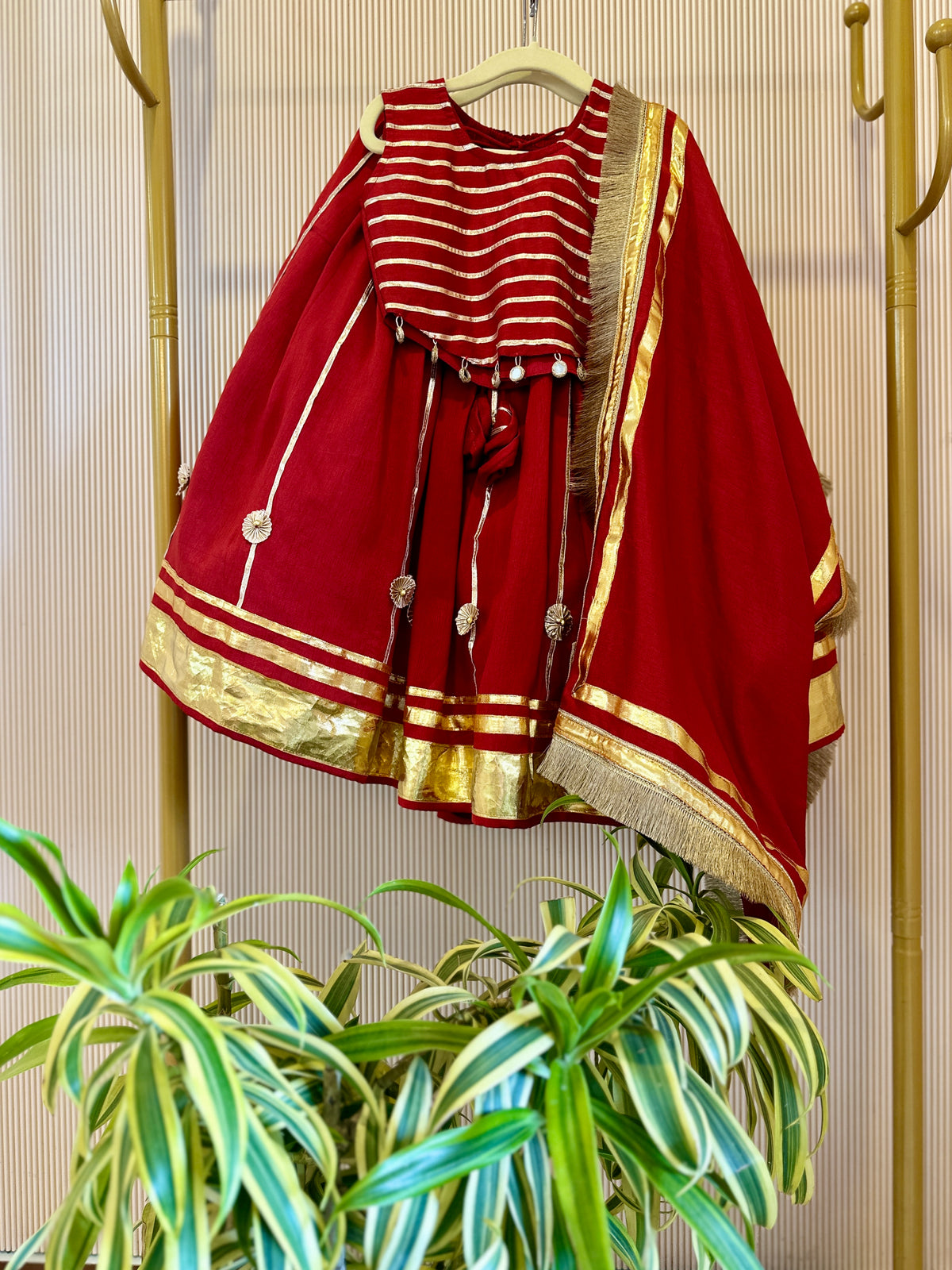 Gulab Gota Mirror Lehenga Set for Girls - Red