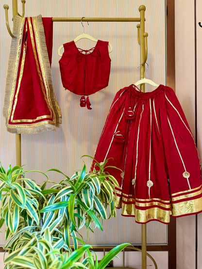 Gulab Gota Mirror Lehenga Set for Girls - Red