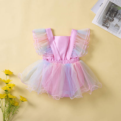 Baby Girl Ruffles Sleeves Lace Mesh Dress – Pink
