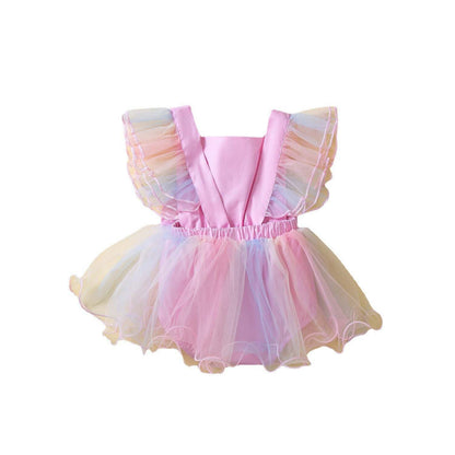 Baby Girl Ruffles Sleeves Lace Mesh Dress – Pink