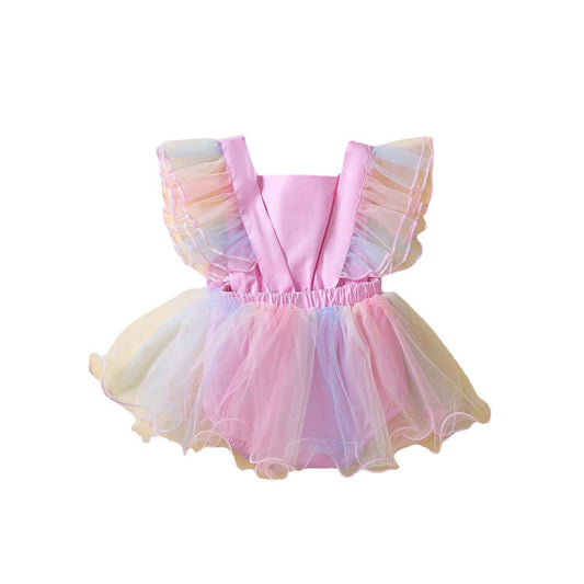 Baby Girl Ruffles Sleeves Lace Mesh Dress – Pink