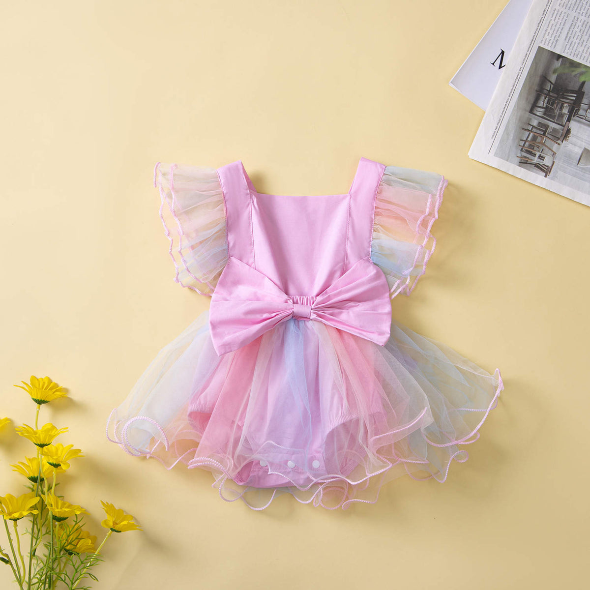 Baby Girl Ruffles Sleeves Lace Mesh Dress – Pink