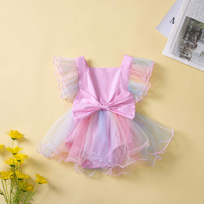 Baby Girl Ruffles Sleeves Lace Mesh Dress – Pink