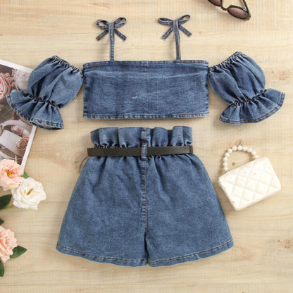 Baby Girl Puff Sleeves Off Shoulder Denim Shirt Belt And Short Clothing Set – Blue