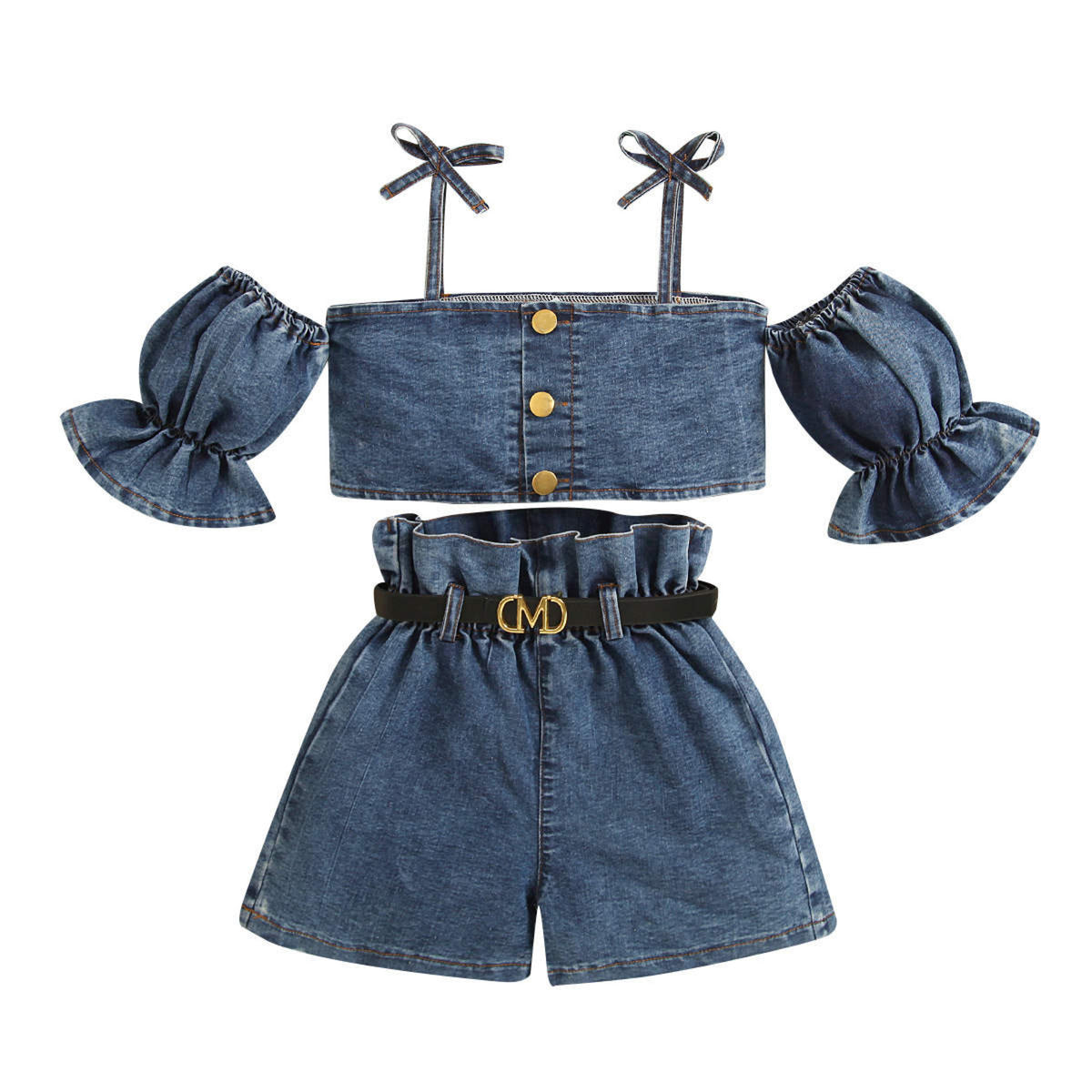 Baby Girl Puff Sleeves Off Shoulder Denim Shirt Belt And Short Clothing Set – Blue