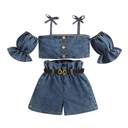 Baby Girl Puff Sleeves Off Shoulder Denim Shirt Belt And Short Clothing Set – Blue