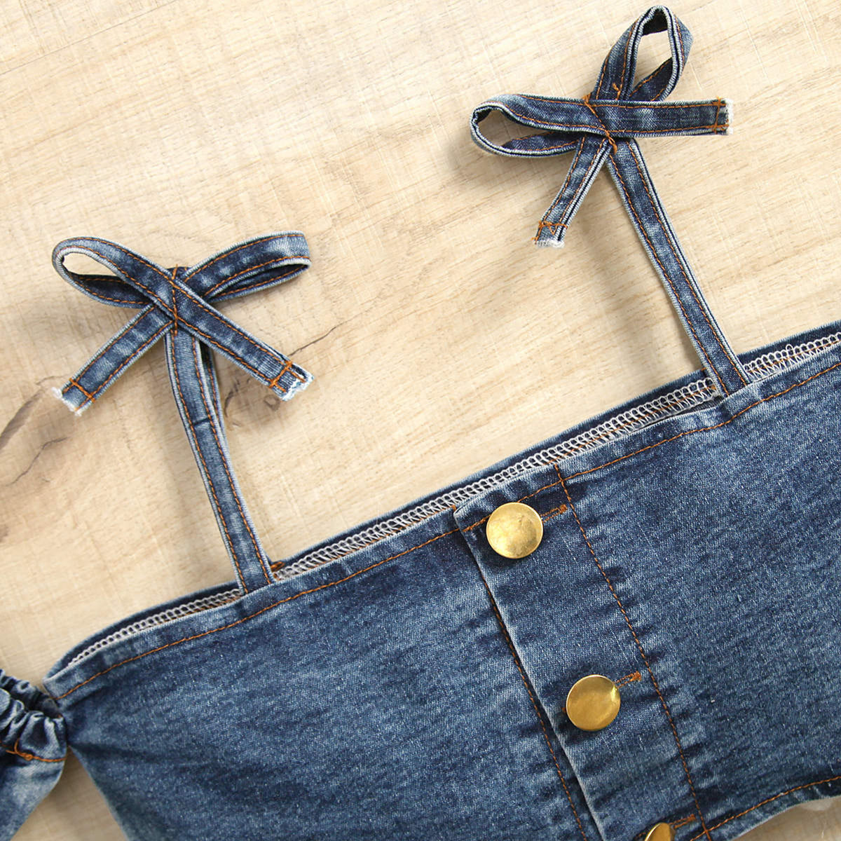 Baby Girl Puff Sleeves Off Shoulder Denim Shirt Belt And Short Clothing Set – Blue