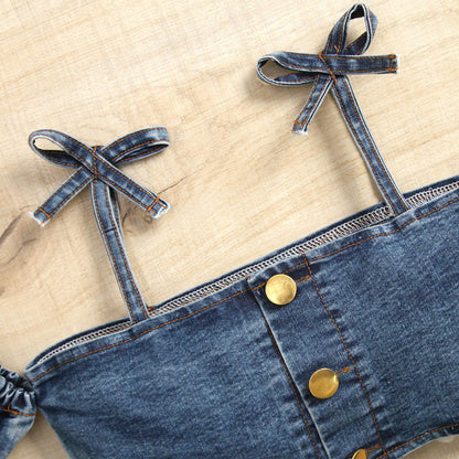 Baby Girl Puff Sleeves Off Shoulder Denim Shirt Belt And Short Clothing Set – Blue