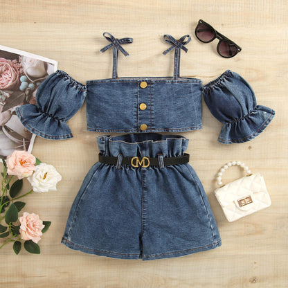 Baby Girl Puff Sleeves Off Shoulder Denim Shirt Belt And Short Clothing Set – Blue