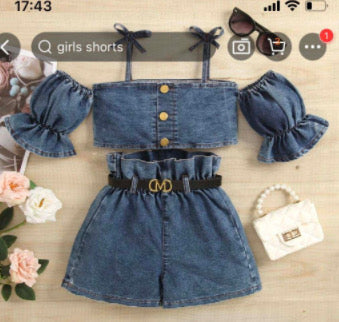 Baby Girl Puff Sleeves Off Shoulder Denim Shirt Belt And Short Clothing Set – Blue