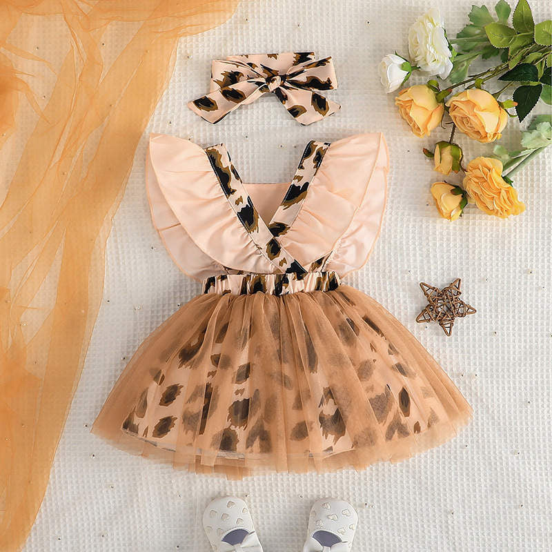 Baby Girl Flying Sleeves Leopard Print Patchwork Mesh Lace Dresss – Brown