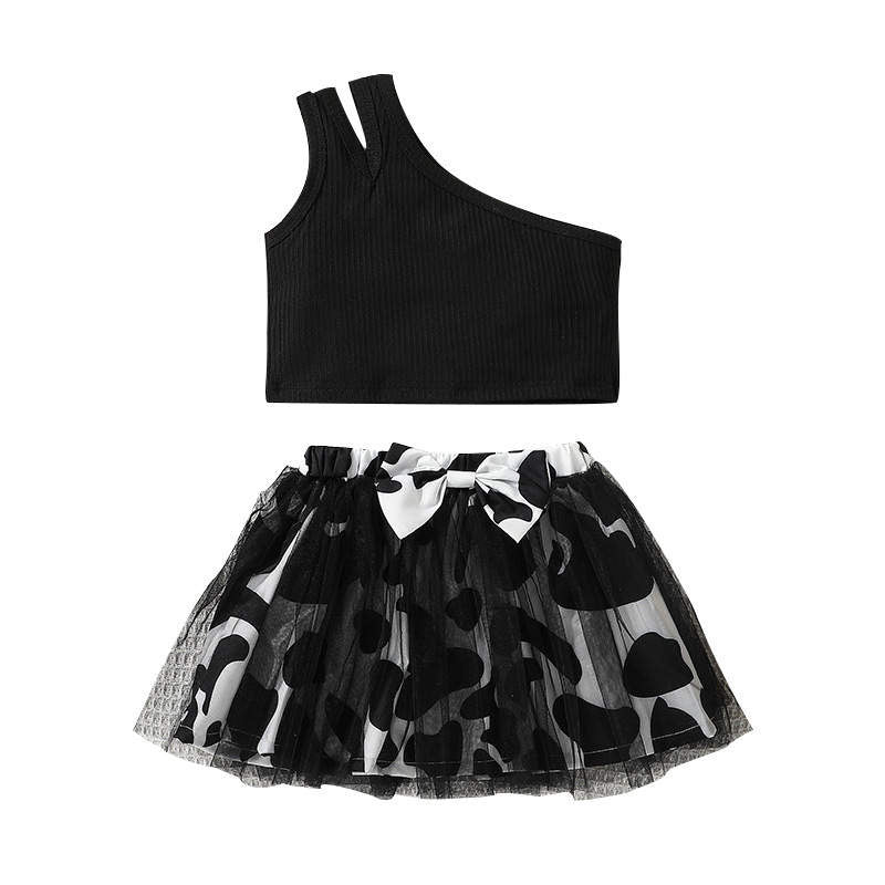 Baby Girl 2-Piece One Shoulder Top And Floral Lace Tutu Skirt – Black