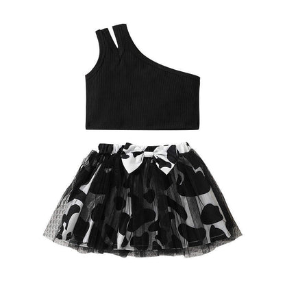 Baby Girl 2-Piece One Shoulder Top And Floral Lace Tutu Skirt – Black