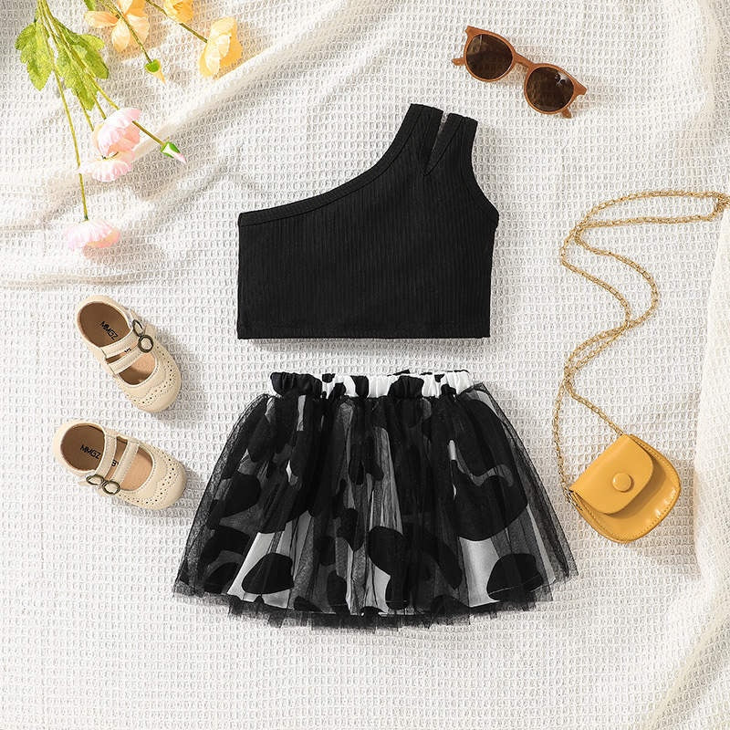 Baby Girl 2-Piece One Shoulder Top And Floral Lace Tutu Skirt – Black