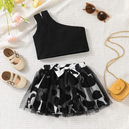 Baby Girl 2-Piece One Shoulder Top And Floral Lace Tutu Skirt – Black